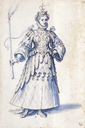 Kostuumtekening van een vrouwelijke figuur met fakkel
